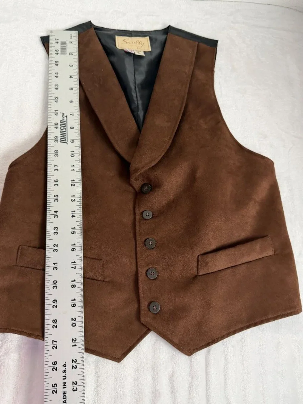 Scully Mens Brown Faux Suede Western Vest Shawl Collar Made in USA Small Lined
